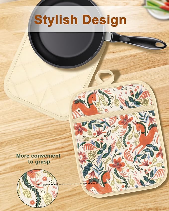 Swooflia 100% Cotton Pot Holders 2 Pack Set for Kitchen with Pockets - Cute 440°F Heat Resistant Oven Hot Pads Heavy Duty for Countertop Home Cooking Baking Microwave BBQ Horse