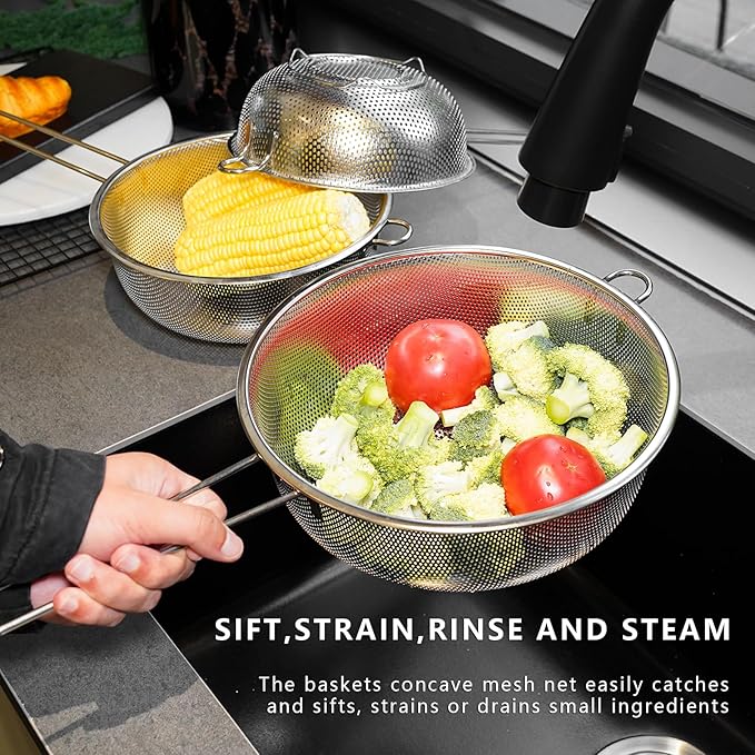 Metal Fine Mesh Strainer and Colander for Kitchen with Handle, Stainless Steel Pasta Strainer/Kitchen Funnel/Collander/Sifter for Strain/Wash Vegetables, Fruits, Spaghetti, Rice (10.2＂)