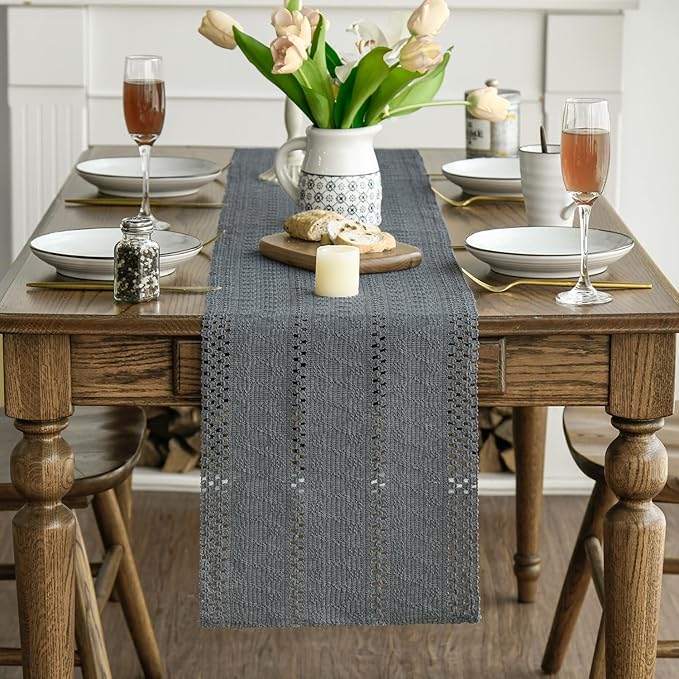 Artoid Mode Dark Grey Farmhouse Woven Rustic Hollow Table Runner, Seasonal Holiday Hollow Kitchen Dining Table Decoration for Home Party Decor 12x72 Inch