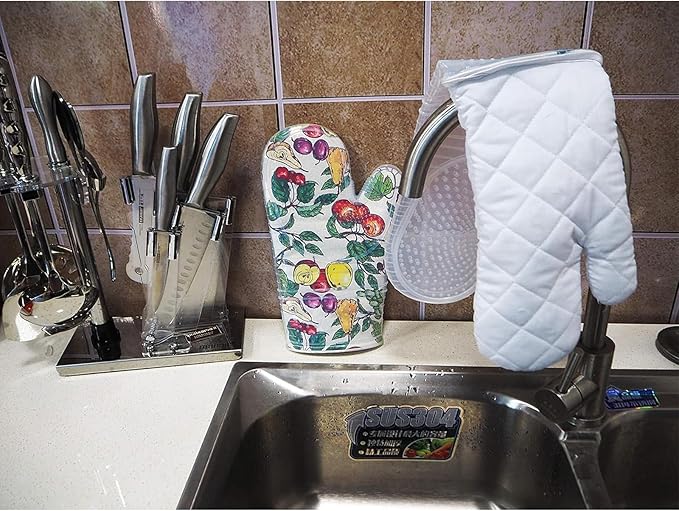 Oven Mitts Set of 2 with Transparent Clear Silicone Shell and Nice Friut Flower Cotton Lining, Heat Resistant to 500 F Kitchen Oven Gloves Pot Holder for Cooking (Friut Flower, Oven Mitts)