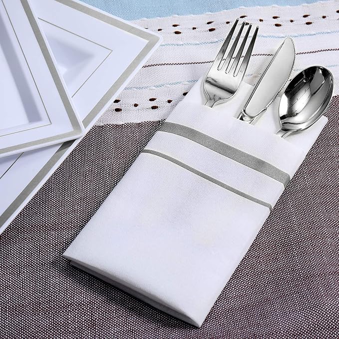 FOCUSLINE 200 Linen Feel Disposable Bathroom Napkins, Soft and Absorbent Paper Guest Towels, Cloth-Like Hand Towels Decorative Paper Napkins for Parties, Weddings, Dinners or Events, Silver, 12" x 17"