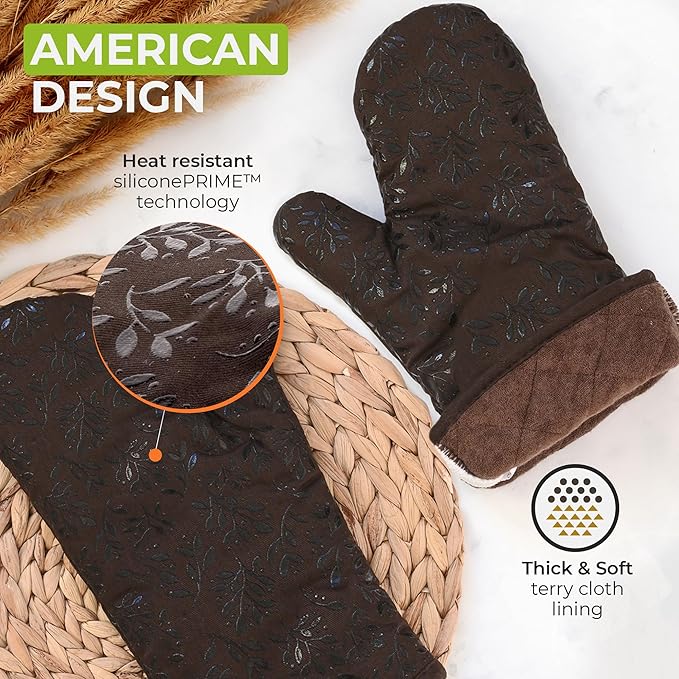 Premium Heat-Resistant Oven Mitts - Stylish and Beautiful - Non-Slip Platinum Silicone Grip - Long and Thick - 100% Natural Cotton Exterior and Soft Terry Cloth Lining - Cook'n'Chic Set of 2 - Brown