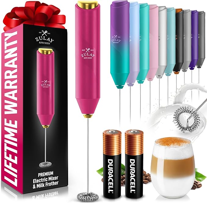 Zulay Kitchen Powerful Milk Frother AA Batteries Included – Ultra Fast Handheld Drink Mixer with Stainless Steel Whisk Stirrer for Coffee, Protein, Matcha & More, Frother Wand Electric Frothmate