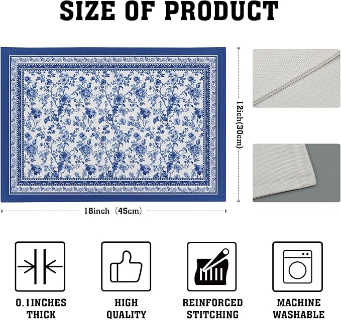 Blue Floral Branches Placemats Set of 4 ，12 x 18 Inch Chinoiserie Table Mats Washable Heat Resistant Linen Fabric Rectangle Place Mat for Indoor Outdoor Kitchen Dining Home Decor