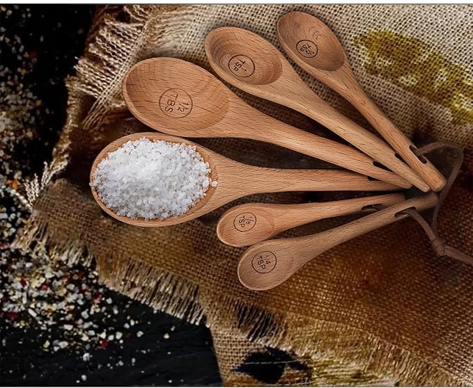 6pcs Measuring Spoons, Natural Beechwood Measuring Spoons Set Includes 1 tbsp, 1/2 tbsp, 1 tsp, 1/2 tsp, 1/4 tsp & 1/8 tsp for Cooking Baking, Rustic Teaspoon Tablespoon for Dry Ingredients