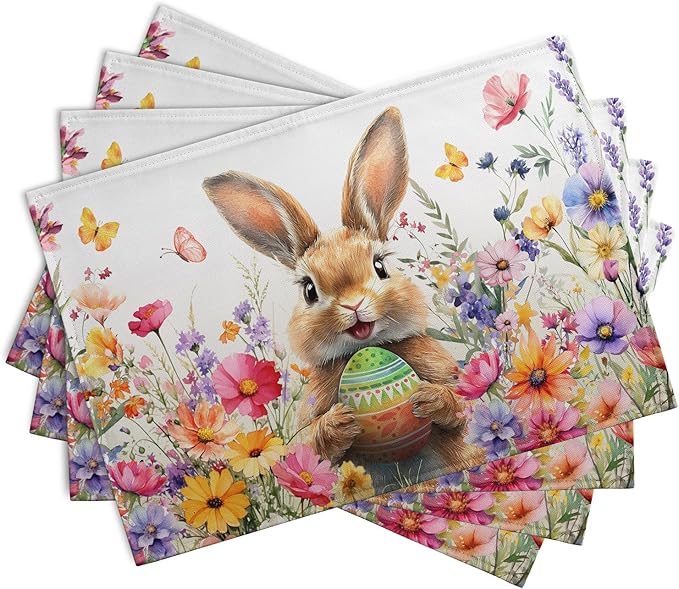 Easter Rabbit Placemats Set of 4 Spring Bunny Colorful Egg Wildflower Place Mat 12x18 Inch Seasonal Farmhouse Linen Fabric Table Mats for Kitchen Dining Outdoor Indoor Easter Party
