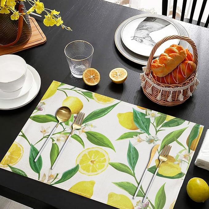 Lemon Table Placemats Set of 4 Place Mats Linen Washable Wipeable Placemats Heat Resistant Placemats Fabric Waterproof Rectangle Table Mat for Kitchen Dining Dinner 18 X 12 Inch, Lemon