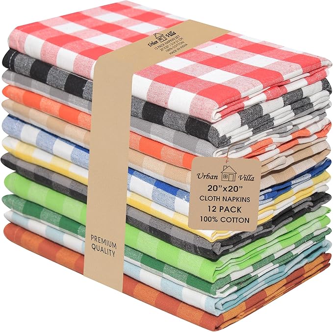 Urban Villa Cloth Napkins Set of 12 20x20 Inches 100% Cotton Napkins Cloth Washable Durable Reusable Absorbent Table Dinner Napkins Cloth for Hotel Lunch Restaurant Weddings Parties Multi Checks