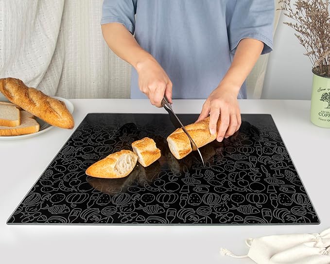 Kitchenville Glass Cutting Board 20”x16”: Tempered Glass Kitchen Counter Protector - Durable- Scratch-Resistant, Heat-Proof - Design 4 - Black Design
