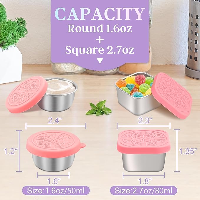Qukaka 6 PCS Salad Dressing Container to Go,Handy Leakproof Stainless Steel Meal Prep Containers Reusable,Sauce Containers for Lunch Box, Picnics, Travel, Office and Kitchen Storage-1.6oz+2.7oz