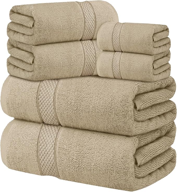 Oakias Premium Towel Set 600 GSM 6 Piece Beige - 100% Ring Spun Cotton Highly Absorbent Towels Set - Super Soft Bathroom Towel Set - Hotel Quality Double Stitched Hem - Ideal for Hotels, Spa, Gyms