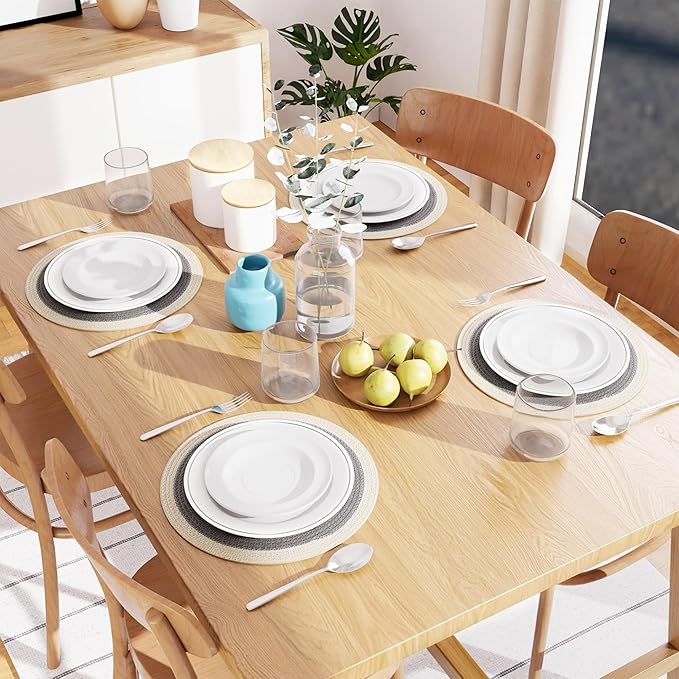 Encasa XO Dining Placemats Set of 4 | Cotton Round Table Mat - 13 in Diameter | Light Grey & Off White | Handmade Rib Style Chargers for Dinner Plates