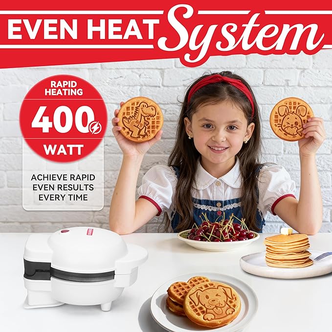 SugarWhisk 6-in-1 Mini Waffle Maker With Removable Plates, 4.5'' Mini Waffle Iron for Holidays, Parties & Events Waffle Maker Machine, 8 Plates with Premium Ceramic Coating, White