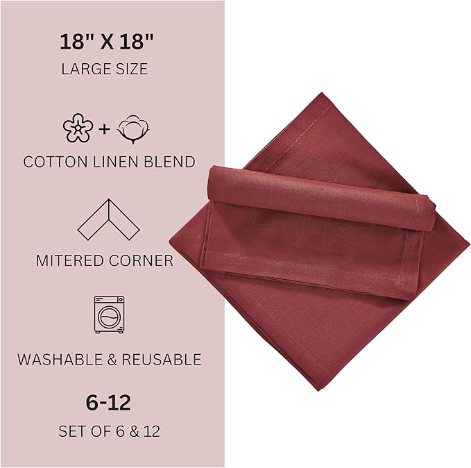 FINGERCRAFT Dinner Cloth Napkins, Cotton Linen Blend Mitered Corner Napkins Cloth 12 Pack Natural Premium Quality for Every Day Use, Parties, Easter, Thanksgiving, Weddings, 18x18 inch Rythmic Red