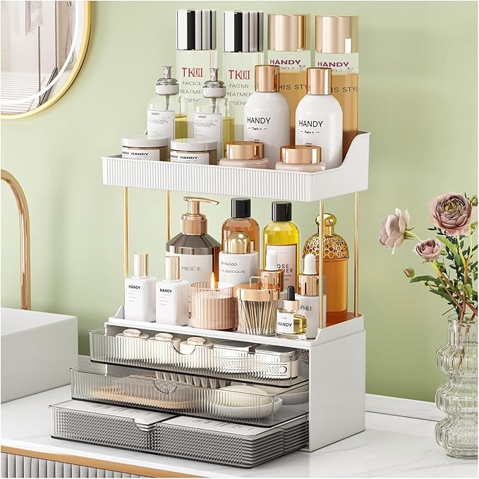 StorBin Strong 3 Drawers Bathroom Counter Organizer, 5 Tier Makeup Organizer, Versatile Perfume Organizer, Ideal for Bathroom Storage, Vanity, Large Skincare, Perfume, Present, Grey