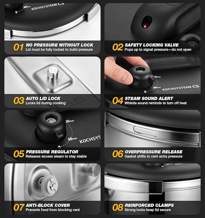 KOCH SYSTEME CS Stainless Steel Pressure Cooker 6.3 QT, Olla de Presion, Easy One-Press Lock, 3 PSI Settings Stovetop Pressure Cookers, Save 70% Time, Induction Compatible, Glass Lid & Steamer Rack