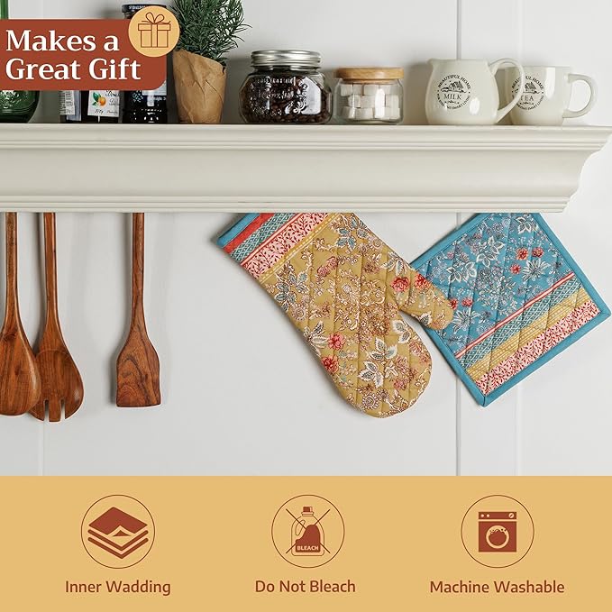 Maison d'Hermine Oven Gloves 100% Cotton Oven Mitt 7" x 13" with Loop Heat Resistant BBQ Cooking Gloves Baking Grilling Gifts for Mothers Day Spring/Summer (Pack of 1, Marquise)