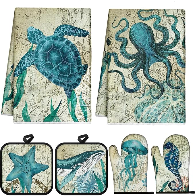 6 Pcs Sea Ocean Beach Kitchen Towels Pot Holders and Oven Mitts Set Coastal Dish Towel Ocean Animal Oven Gloves Heat Resistant Potholders for Kitchen Summer Cooking Gift