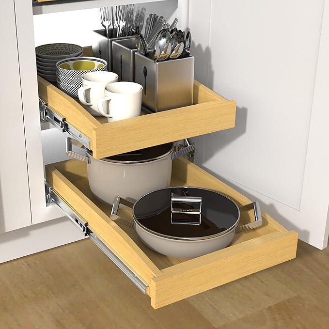 Wooden Pull out Cabinet Organizer 17" W x 21" D x 3.35" H, Heavy Duty Slide Out Drawers Pull-Out Home Organizers for Kitchen Cabinets