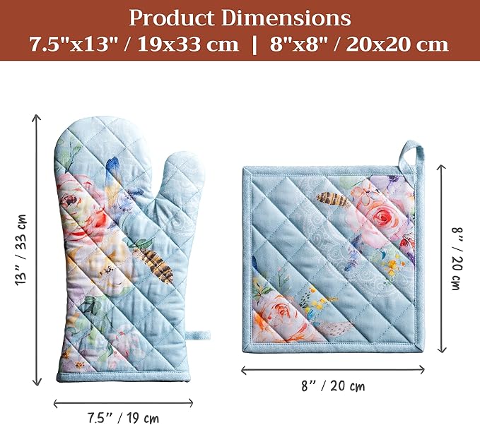 Maison d' Hermine 100% Cotton Oven Mitt & Pot Holder Set (7.5"x13" & 8"x8") Heat Resistant BBQ Cooking Gloves with Loop Baking Grilling Kitchen Gifts for Mothers Day Spring/Summer (Ibiza - Blue)