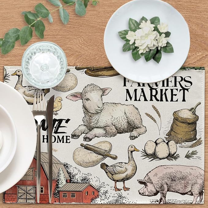 Vintage Farm Animals Placemats Set of 4, Farmhouse Country Barn Lamb Pig Chick Duck Tractor Dining Place Mats Table Decor, Retro Farmer Market Home Sweet Home Kitchen Decoration 12''x18''
