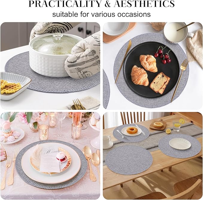 Round Placemats Set of 6, 15 Inch Linen Fabric Table Placemats, Heat Resistant, Wrinkle Free Washable Placemats Kitchen Place Mats Set of 6 for Dining Table Party Table (Light Grey, 6)