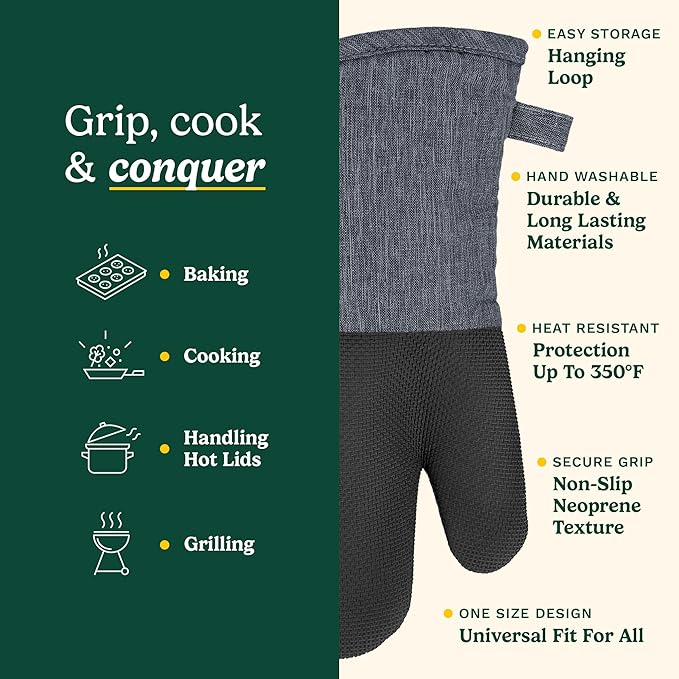 Cuisinart Kitchen Oven Mitts – Heat-Resistant Kitchen Mitts for Oven with Non-Slip Neoprene Palm, Long Cuff, and Cotton Filling – Durable Oven Gloves for Cooking, Baking, & Grilling (Chambray)