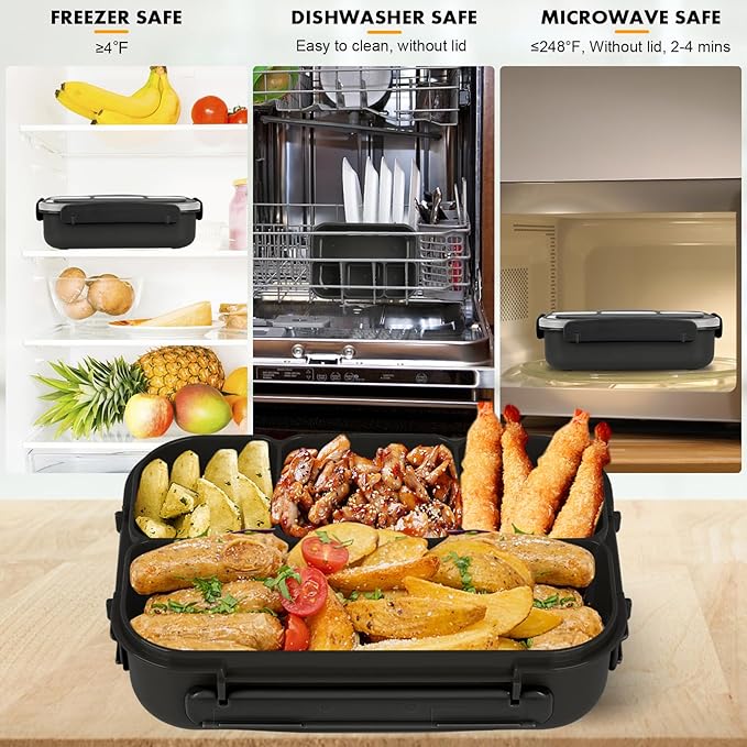 Yumuk Bento Box Adult Lunch Containers, 5 Cup Box with 4 Compartments &Spork &Sauce Box, Leak-Proof, Microwave/Dishwasher Safe(Black)