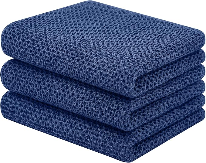 Homaxy 100% Cotton Waffle Weave Kitchen Towels, 3-Pack Ultra Soft Absorbent Dish Towels, Quick Drying Cleaning Towels, 13 x 28 Inches, Navy Blue