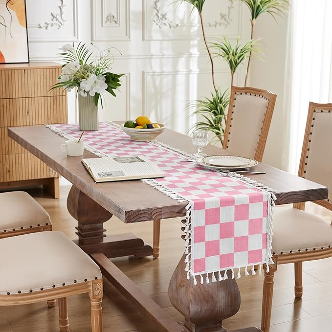 Ohocut Pink Checkered Table Runner with Tassel Farmhouse Rustic Vintage Retro Linen Table Runner 72 Long for Dinning Race Party Decoration 13''x72''