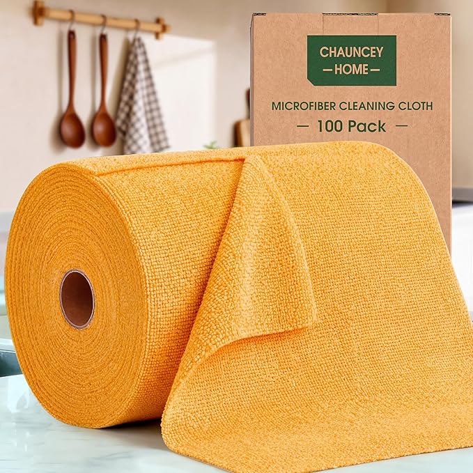 Microfiber Cleaning Cloth Roll–100 Pack, Tear Away Microfiber Towels, Reusable, Washable, Scratch-Free, Kitchen Towels for Car, Home, Kitchen, Glass, Dishes(Tangerine Yellow)