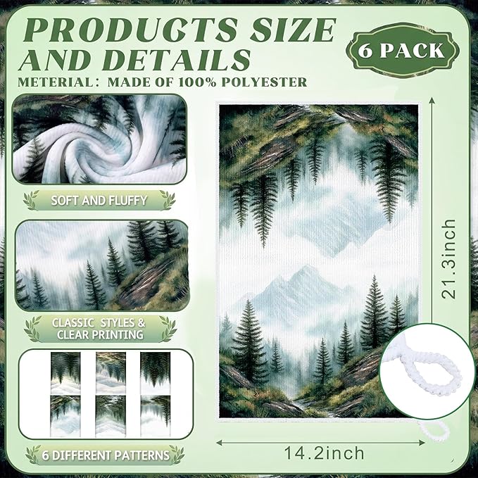 Breling Set of 6 Green Misty Forest Kitchen Towels Forest Dish Towel Bathroom Decorative Green Cloths for Kitchen Bathroom Home Cooking Housewarming Gifts, 14 x 21 Inch