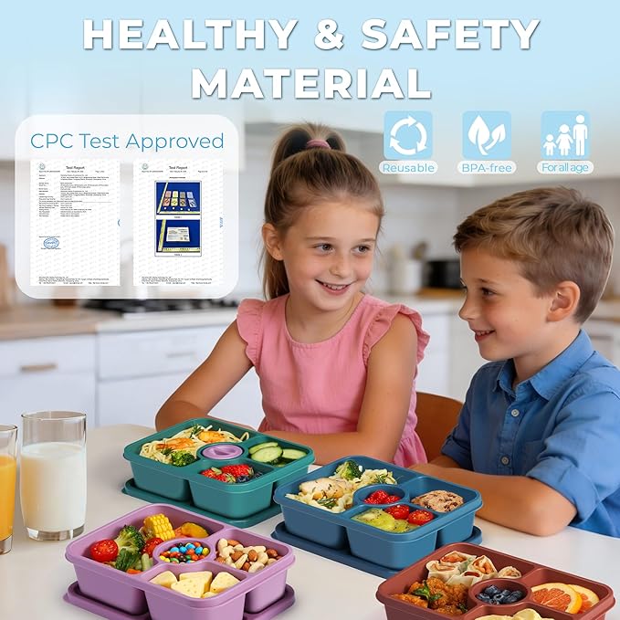 Bento Snack Box Containers, Reusable Meal Prep Lunch Containers for Adults Kids, Stackable Bento Snack Box 4 Pack, Divided Lunchable Food Storage Containers with Sauce Container, Dark Purple