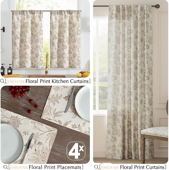 JINCHAN Linen Floral Fall Placemats Set of 4 Cloth Table Mats Rustic Cottagecore Jacobean Outdoor Seasonal for Kitchen Dining Table Decor Washable Tablemats 13x19 Inch Taupe