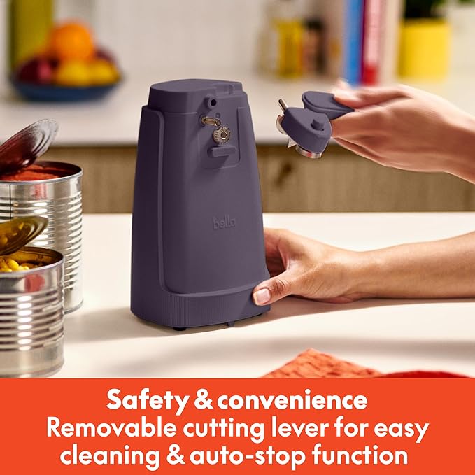bella Electric Can Opener and Knife Sharpener, Removable Cutting Lever, Cord Storage, Stainless Steel Blade, Plum