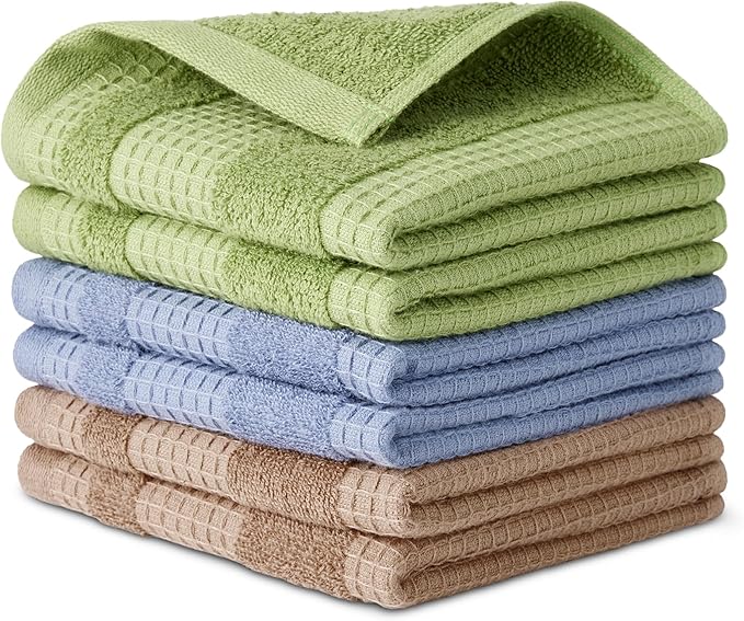 Amazon Basics Organic Cotton Waffle Weave Kitchen Dish Cloths, Ultra Absorbent, Quick Drying, Lint-Free, 12 x 12 inches, 6-Pack (2 Brown, 2 Green, 2 Navy)