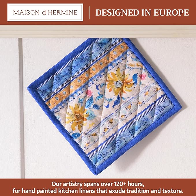 Maison d' Hermine Pot Holders 100% Cotton Heat Resistant Potholders 8" x 8" Hot Pads with Loop BBQ Cooking Baking Gifts for Mothers Day Handling Hot Pans Spring/Summer (Pack of 1, Girassol)