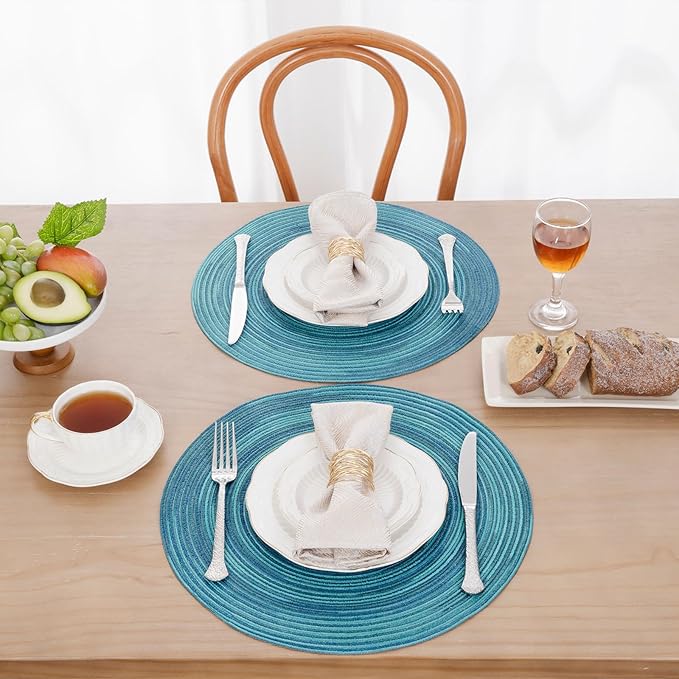 SHACOS 15 inch Round Placemats Set of 6 Variegated Multicolor Place Mats Cotton Polyester Braided Non Slip Washable Heat Resistant Table Mats for Home Wedding Dinner Party Table Decor, Rainbow Teal