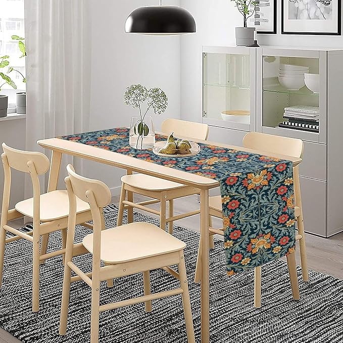 William Morris Table Runner Rural Farmhouse Vintage Flower Art Printed Dinner Runner for Home Kitchen Dining Table Decor Fabric 1 Panel W13xL120in