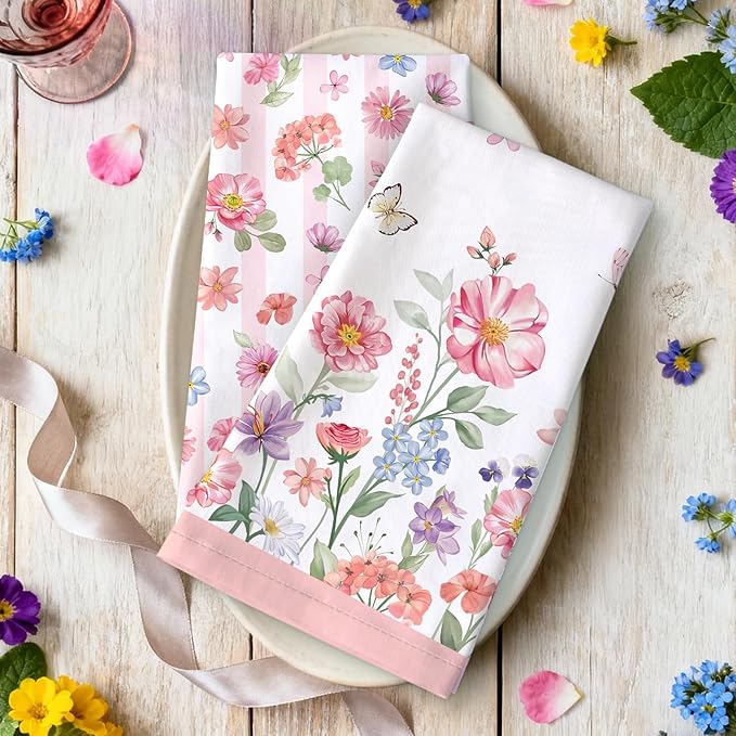 Pink Floral Tea Towels 100% Cotton Quick Dry Wildflower Kitchen Towels, 18.9 x 27.5'' Absorbent Dish Cloth for Kitchen Home Decor, Housewarming, Birthday Gifts for Mom, Set of 4