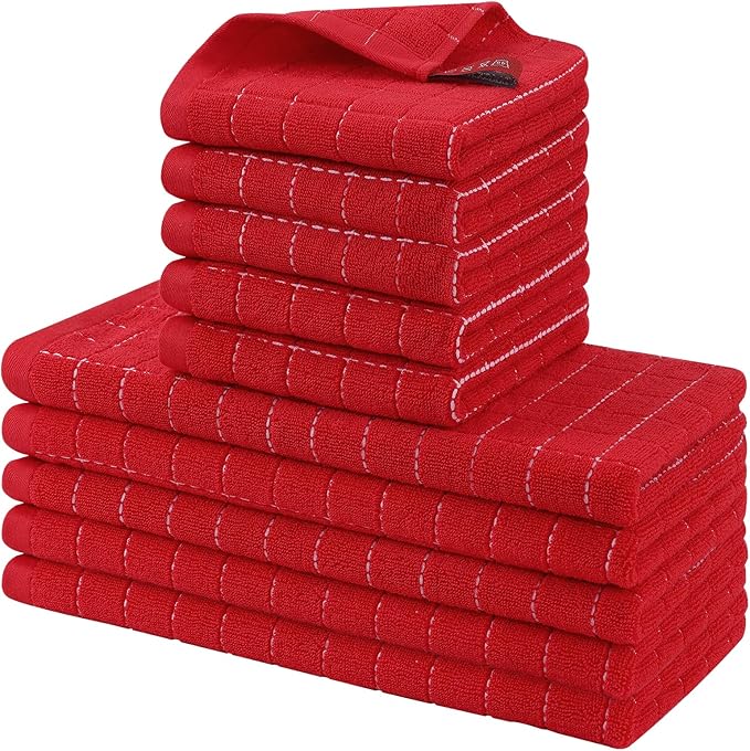Homaxy Kitchen Towels and Dishcloths Set, 12 x 12 and 13 x 28 Inches, Set of 10 Bulk Cotton Terry Kitchen Towels Set, Checkered Designed, Soft and Super Absorbent Dish Towels, Red