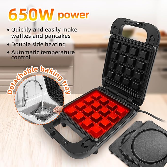 2-in-1 Waffle Maker Pancake Maker with Removable Plates