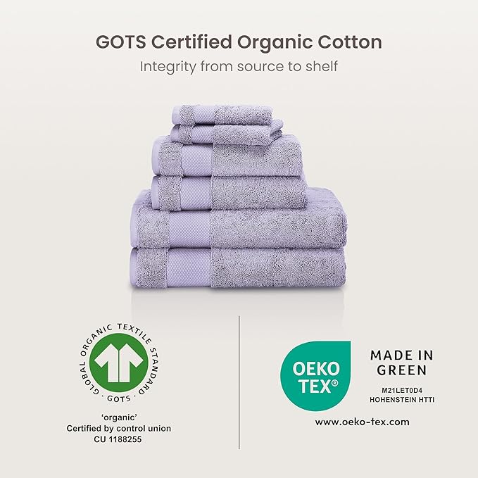 BIOWEAVES 100% Organic Cotton Bath Towel Set | 700 GSM Plush 6-Piece Premium Towel Set GOTS Certified, 2 Bath Towels, 2 Hand Towels & 2 Washcloths - Lavender