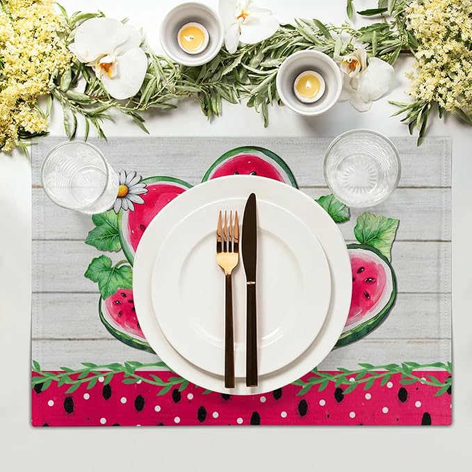 Watermelon Placemat for Table Dining Set of 4，Tropical Fruit Heat Resistant Washable Table Mats,White Daisy Table Dining Mat for Seasonal Party Kitchen Decor