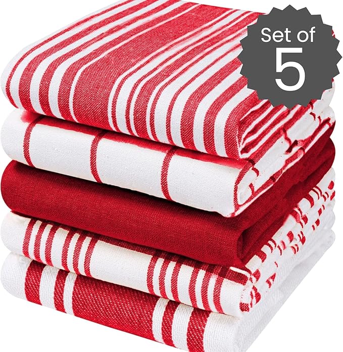 Cotton Clinic Assorted Kitchen Towels 5 Pack – Soft Absorbent Quick Drying Table & Kitchen Linen - Dish Towels, Dish Cloths, Tea Towel and Cleaning Towel with Hanging Loop – 16x28 / Red White
