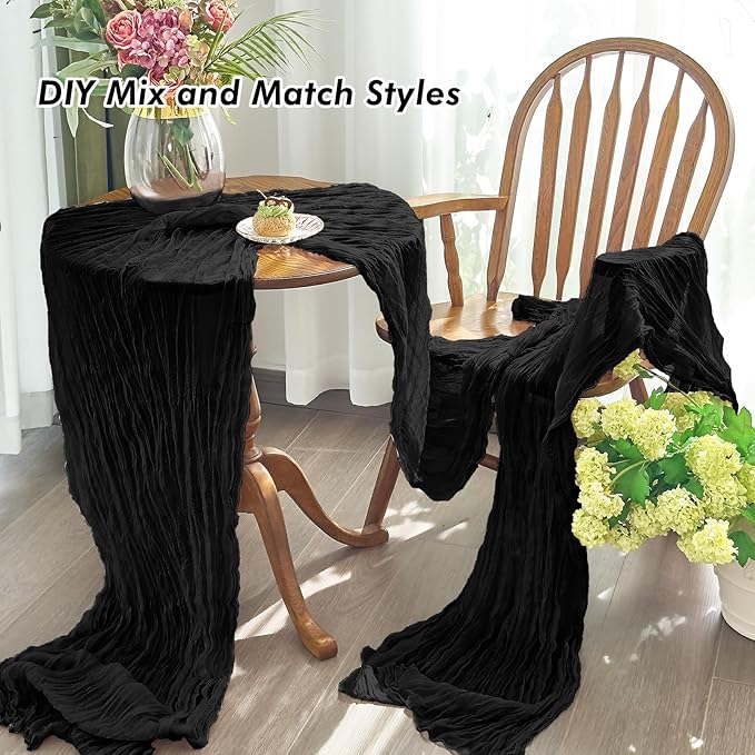 IVAPUPU 10 Pcs Cheesecloth Table Runner - 10ft Black Spring Boho Gauze Black Cheese Cloth Table Runners for Baby Shower Decorations Wedding Party Garden Farmhouse Decor