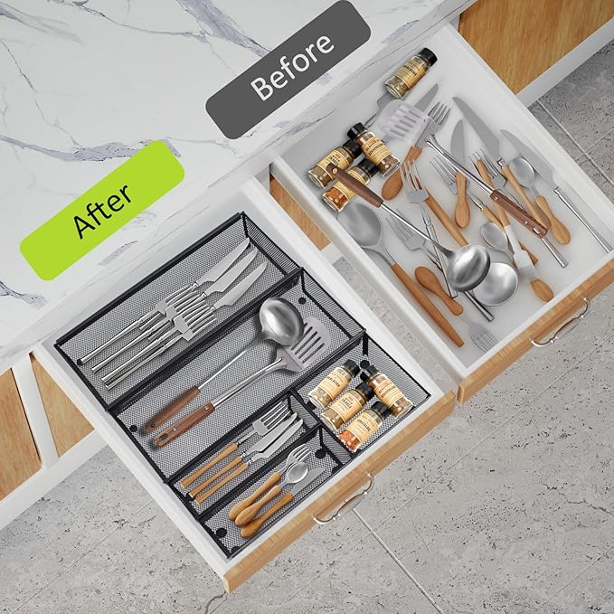 Neudeco Drawer Organizer - Silverware Tray - 5 Compartment Cutlery Tray, Black Pack 5