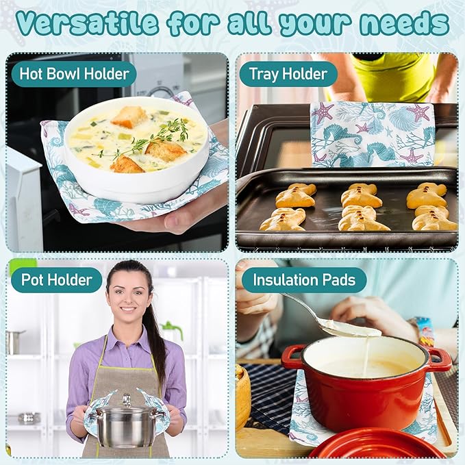 Cunhill 4 Pcs Cotton Microwave Bowl Cozy Holders for Hot Food Hot Pads Soup Bowl Potholders Heat Resistant Multipurpose Quilted Safe Holders for Kitchen Plate Supply(Light Blue,Ocean)