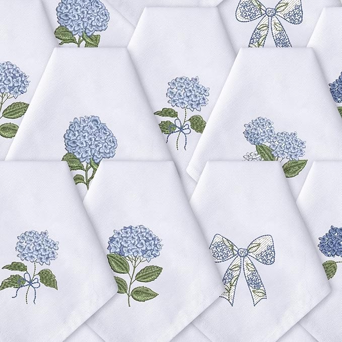 HunnmingRe 12 Pcs Blue Hydrangea Cloth Napkins Bulks 100% Cotton Spring Floral Dinner Tea Party Cocktail Napkins Embroidered Handtowel Country French Reusable Washable for Kitchen Weddings 17x17inch