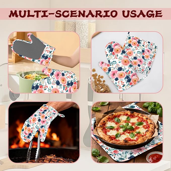 Pink Flowers Heat-Resistant Silicone Oven Mitts and Pot Holders,Long Oven Gloves with Non-Slip Grip for Cooking, Baking, Grilling,BBQ
